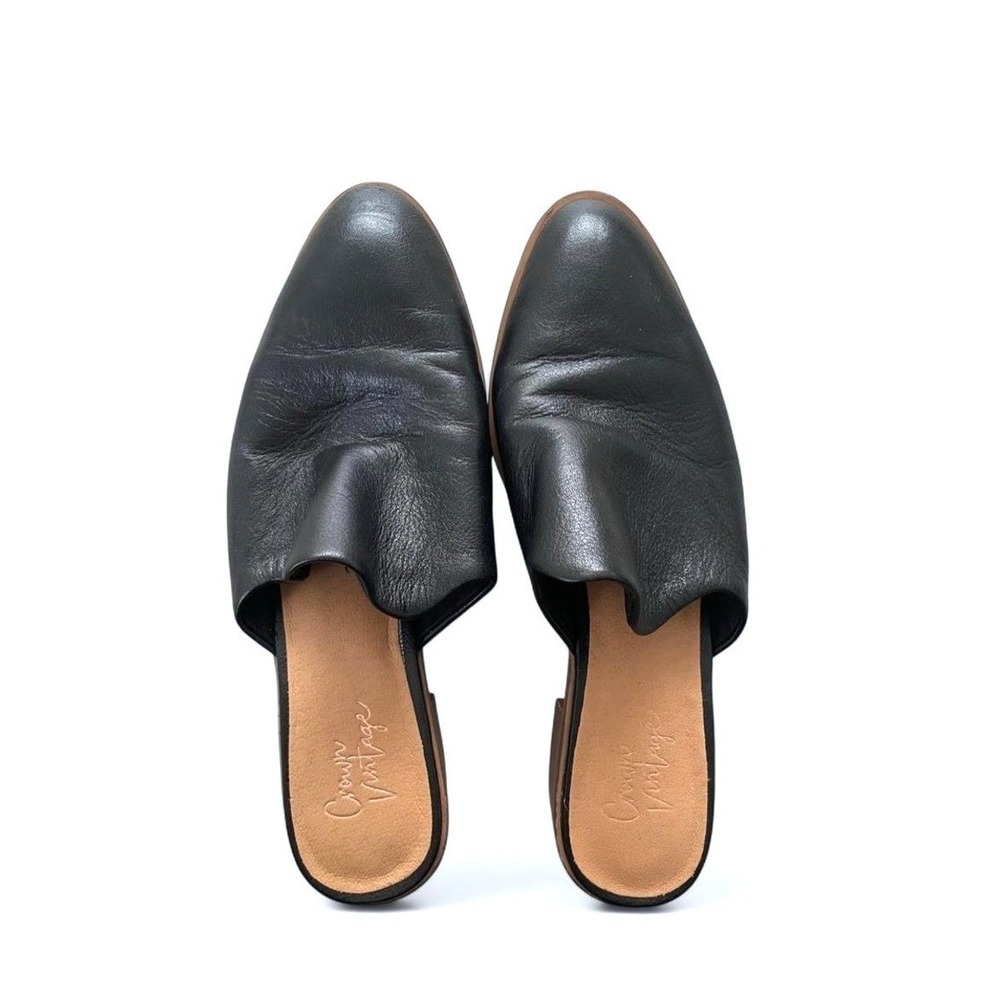 Black Leather Pointed Toe Block Heel Mules Slides Size 6.5M by Crown Vintage